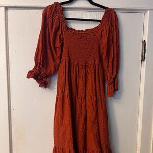 Orange Smocked Midi Dress